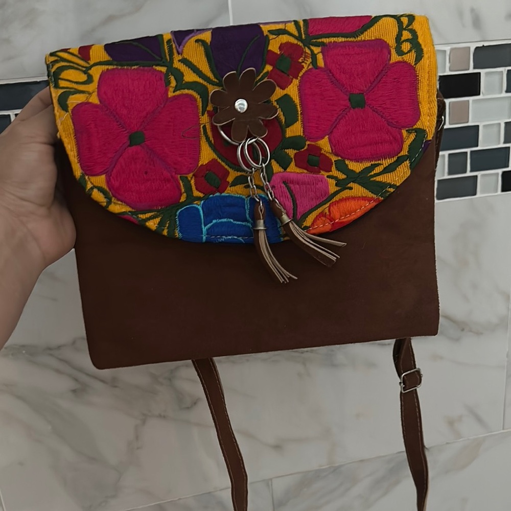 Authentic bag from Guatemala Brown Crossbody Bag with Colorful Floral Pattern